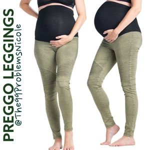 Preggo Leggings Moto Maternity Leggings in Green with Envy